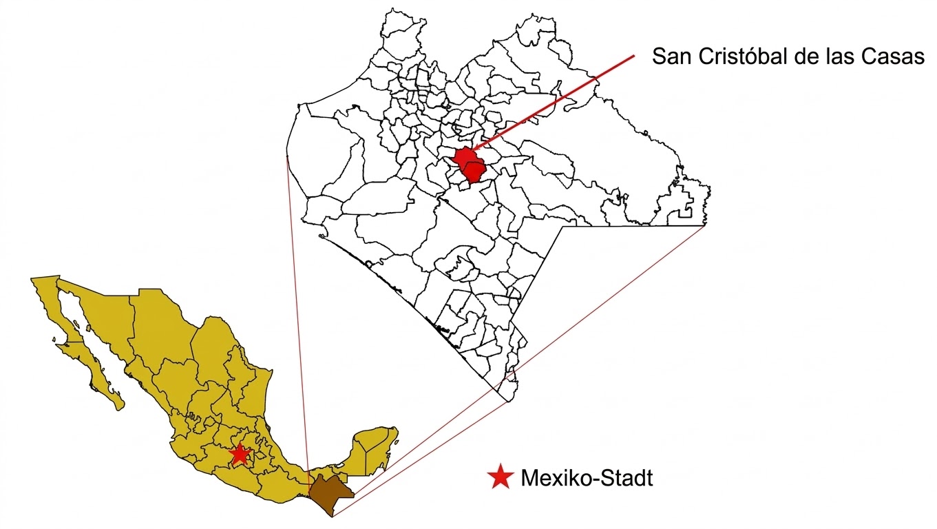Karte von Mexiko mit hervorgehobenem Gebiet in Chiapas; San Cristóbal de las Casas und Mexiko-Stadt markiert.